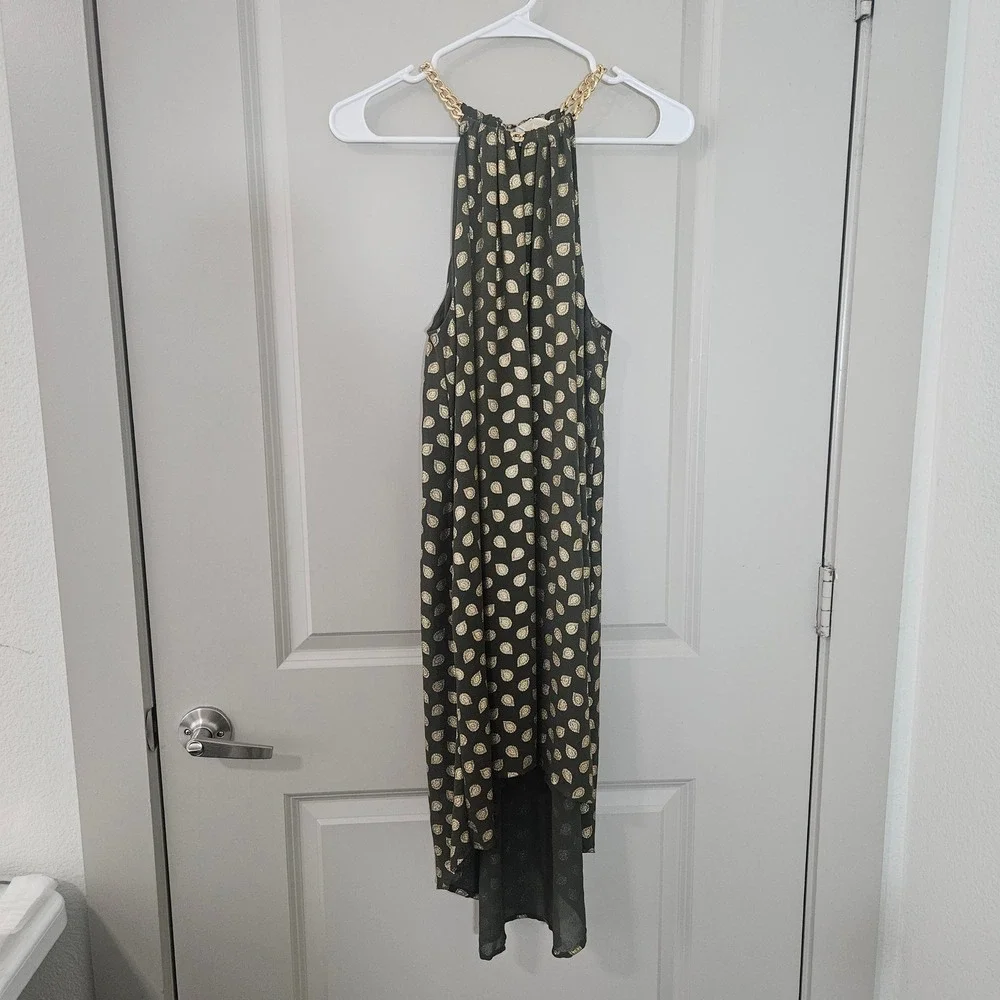 Michael Michael Kors Green Gold Paisley Chain Halter High Low Dress PM